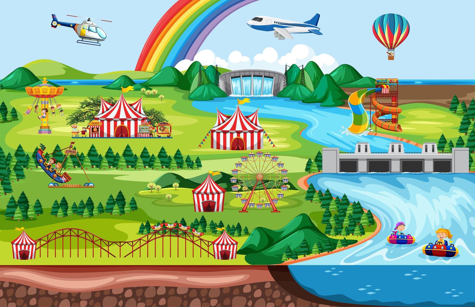 Amusement park with rainbow  vector