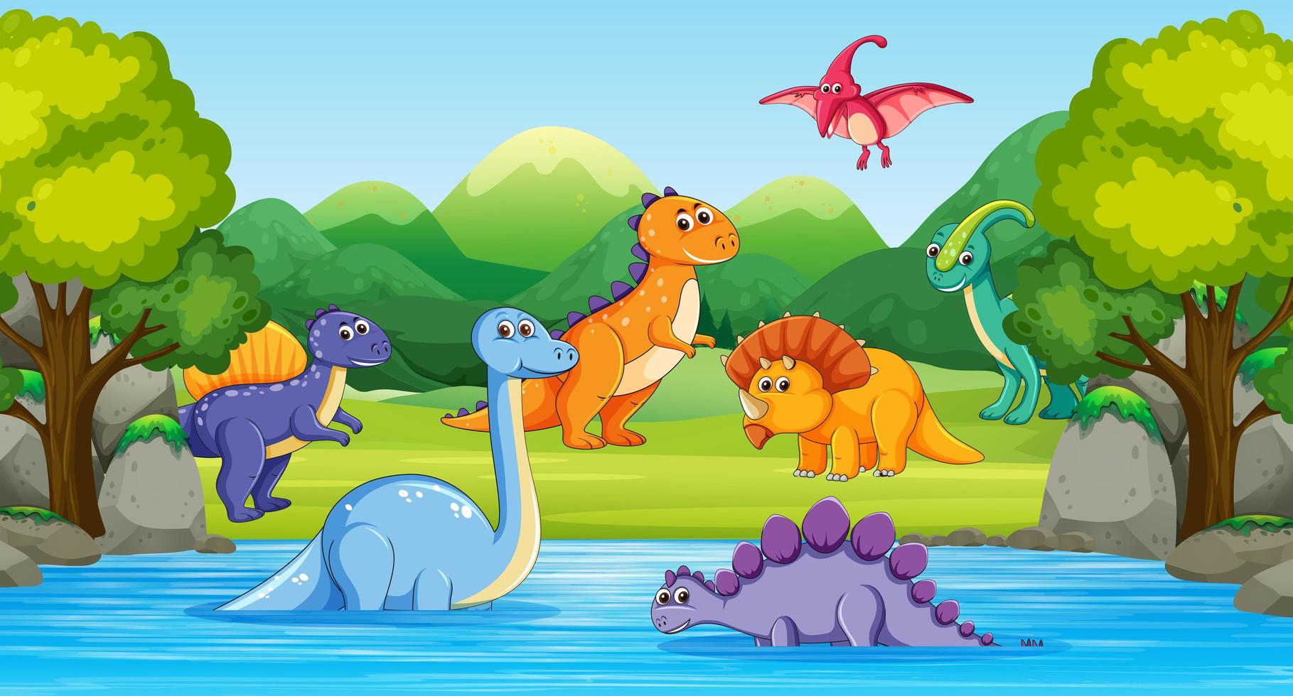 Dinosaurs in wood scene with river vector