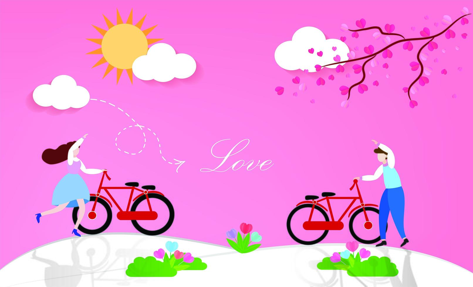 Lovely couple with bicycles outdoors vector