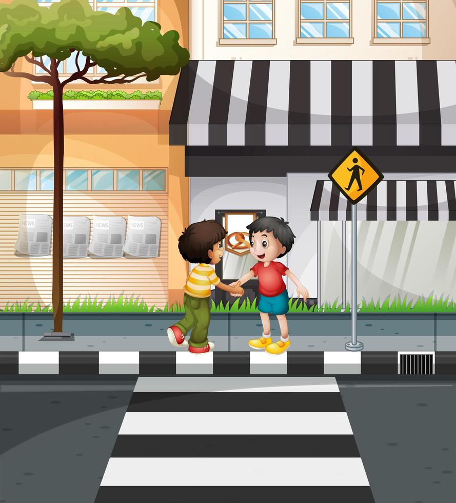 Two boys waiting to cross the road vector