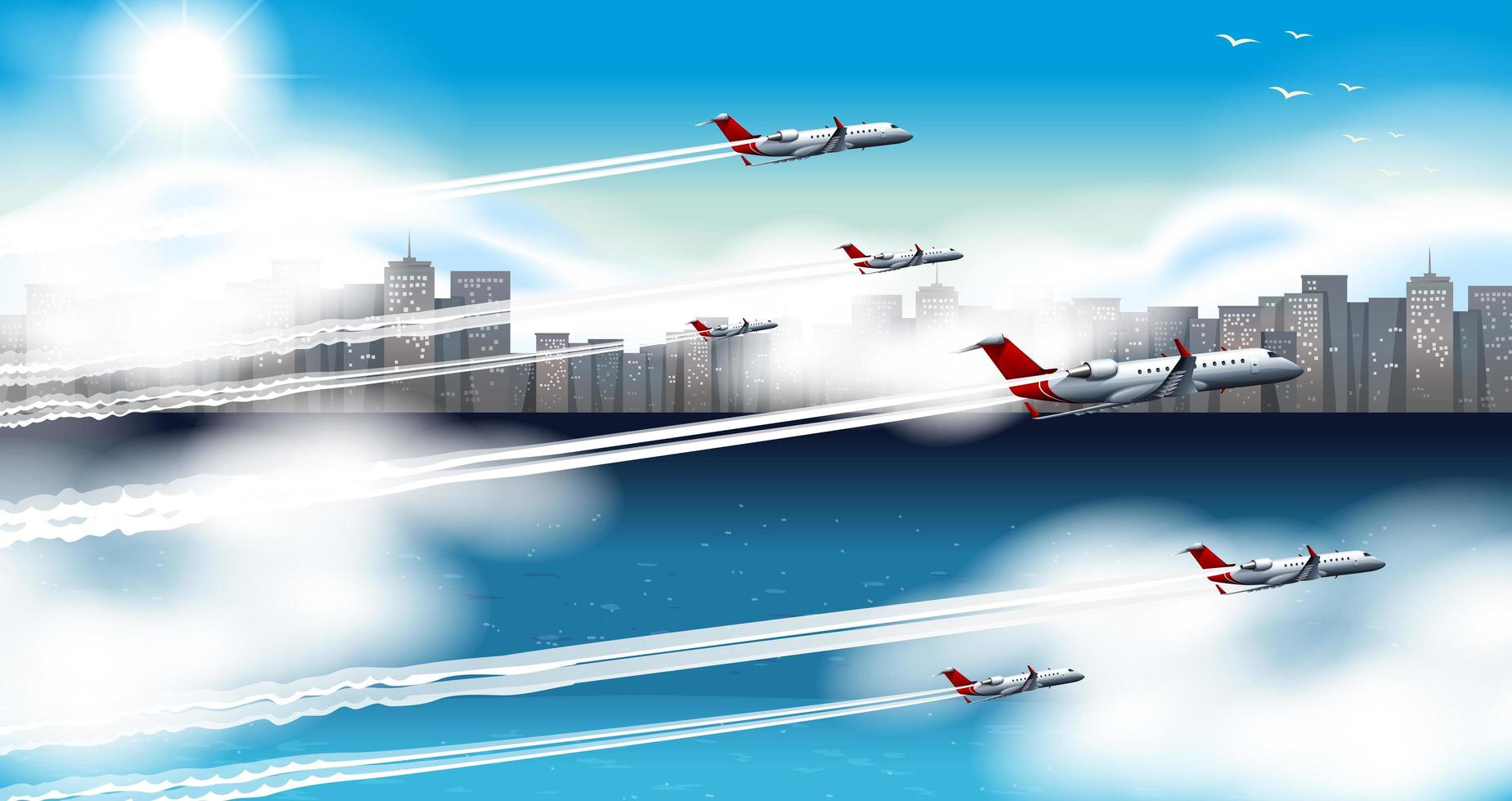 Many airplanes flying in sky vector