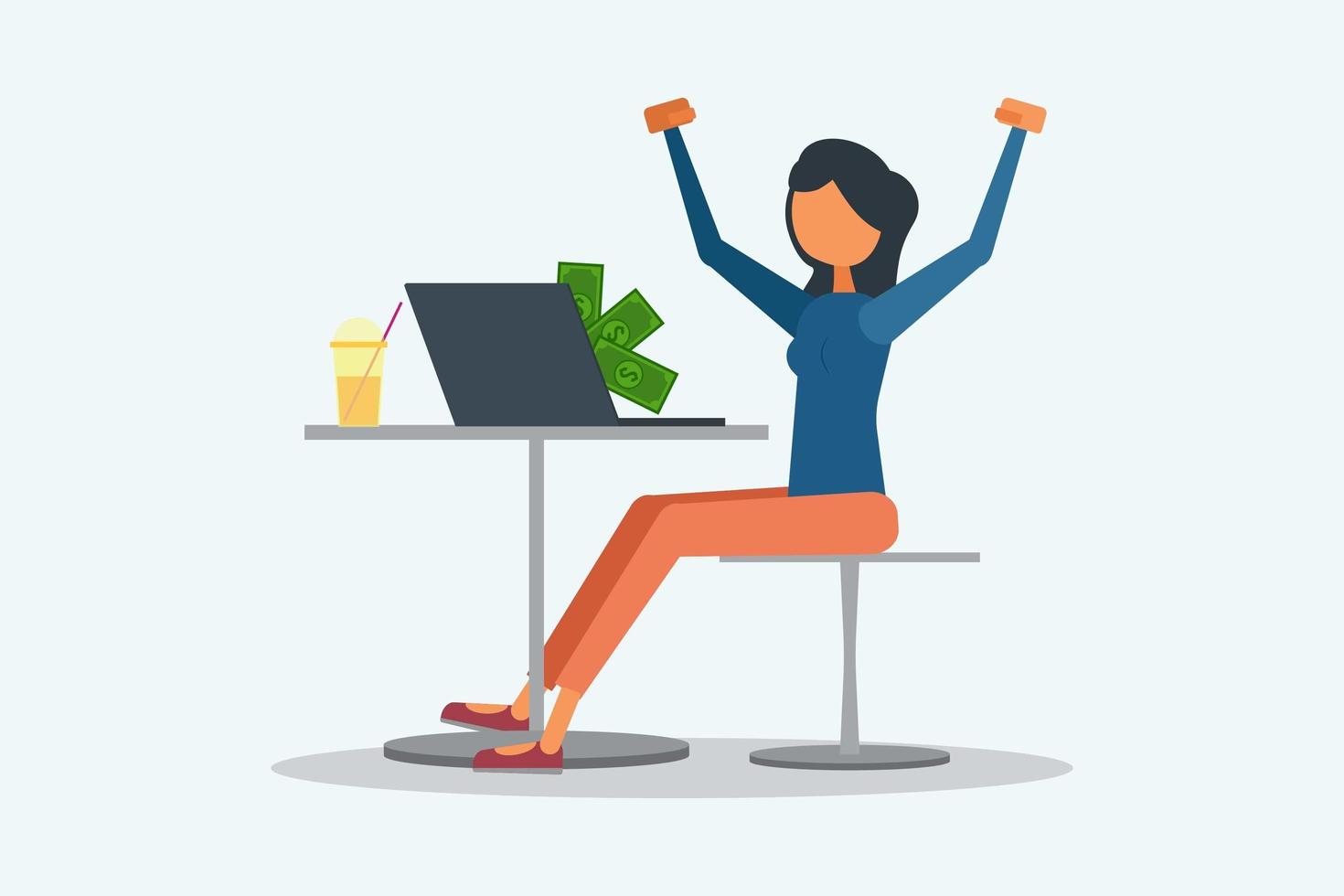 Woman excited for winning money online concept vector