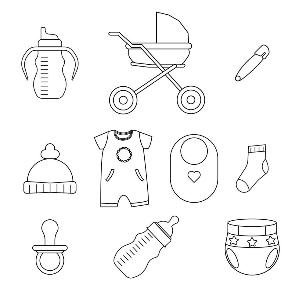 Baby items, outline icon set vector