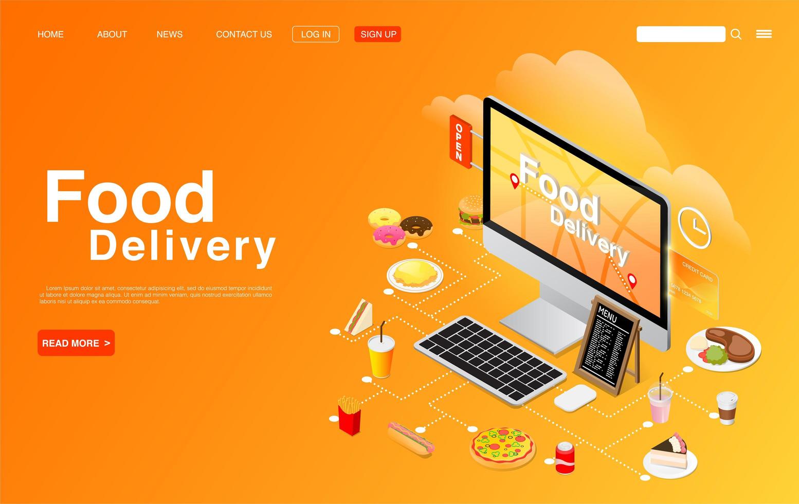 Food Order and Delivery on Computer Desktop Design vector