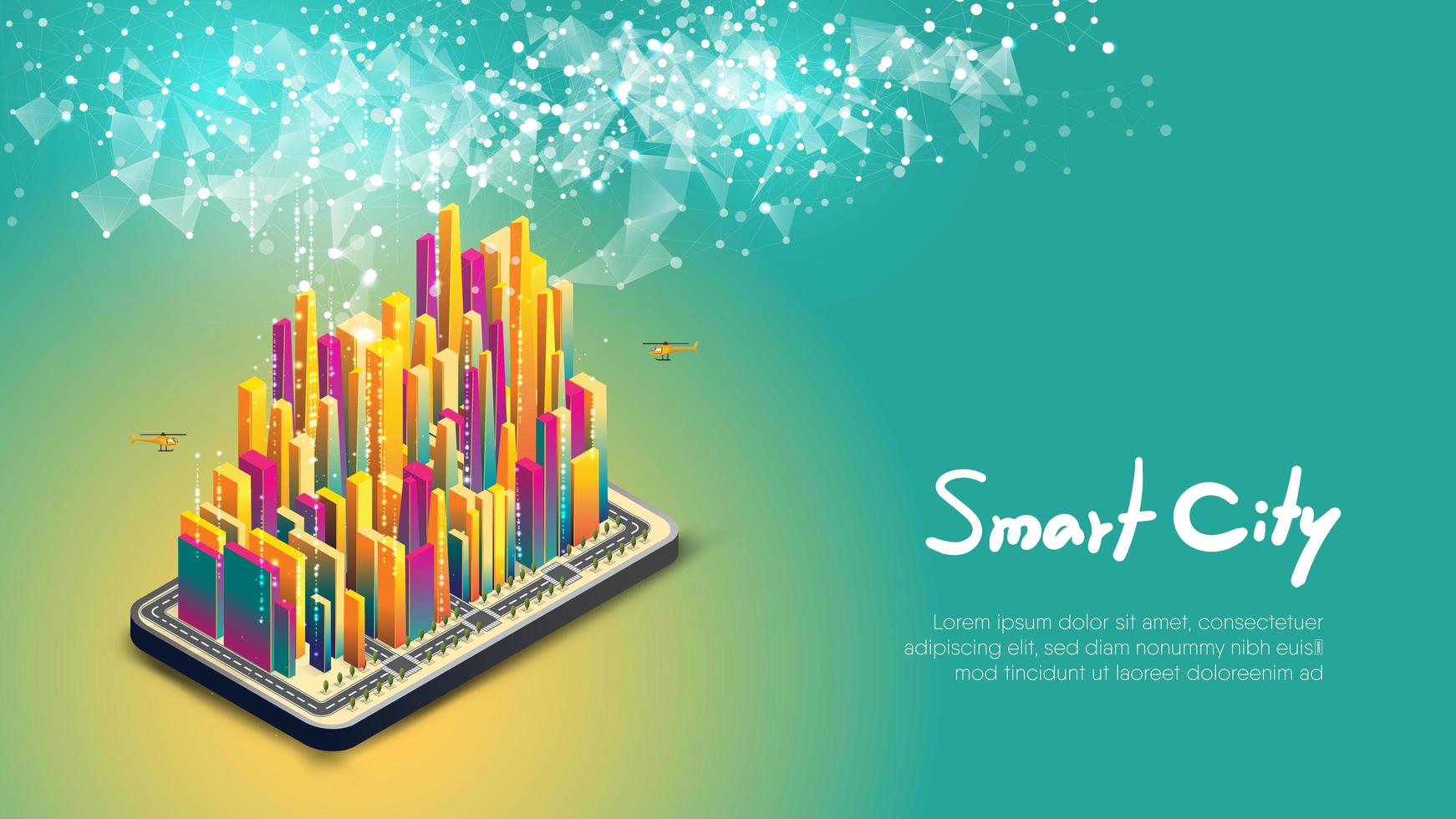 grupo de coloridos edificios en el diseño de la ciudad inteligente de teléfonos inteligentes vector