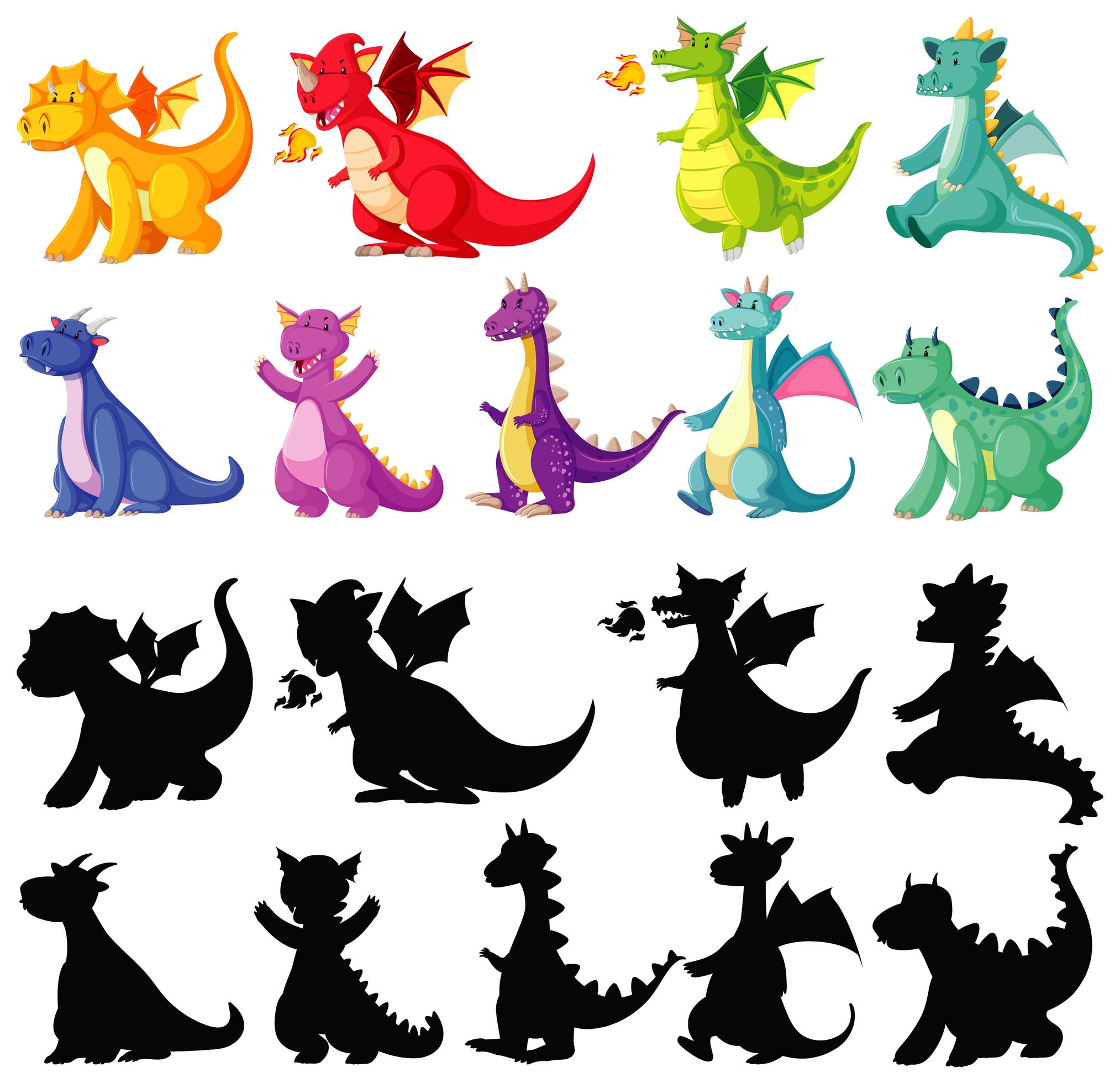 Dragons in color and silhouette 1269609 Vector Art at Vecteezy