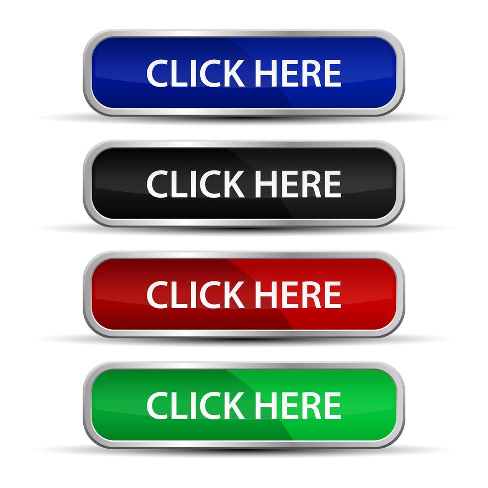 Haga clic aquí botones web con marco metálico vector