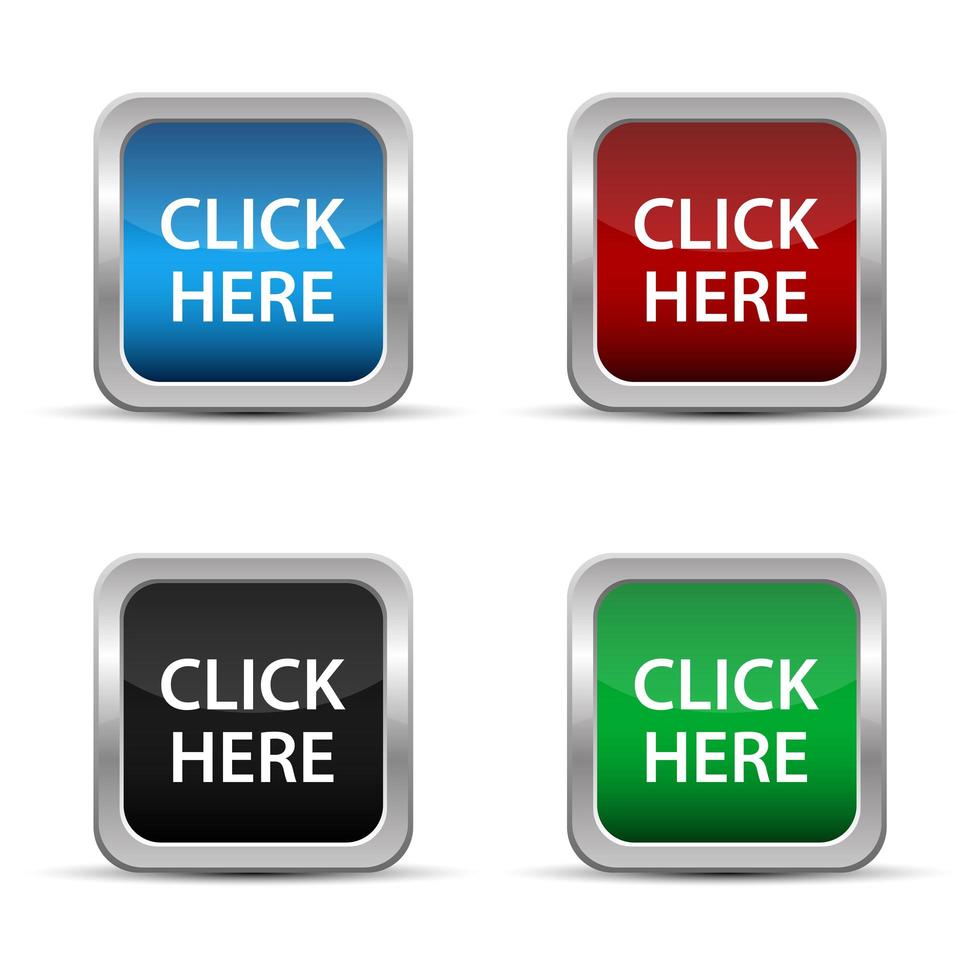 Square click here web buttons with metallic frame  vector