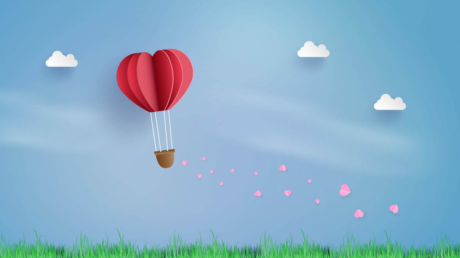 Paper art heart balloon in sky witht railing hearts vector