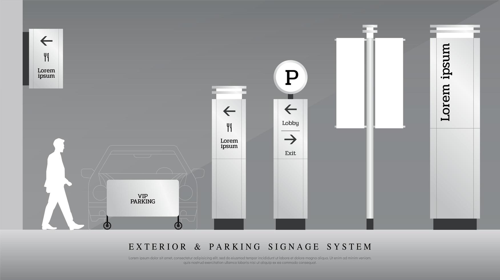 Conjunto de señalización exterior y estacionamiento gris claro. vector