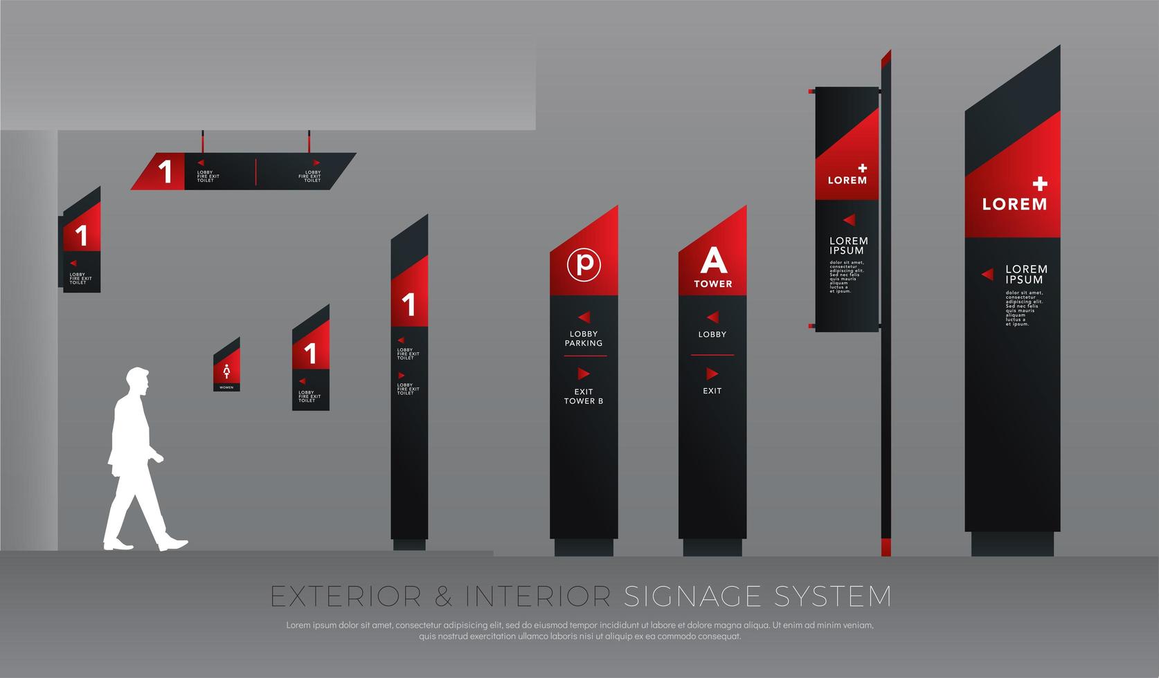 Red and black angled exterior and interior signage set vector