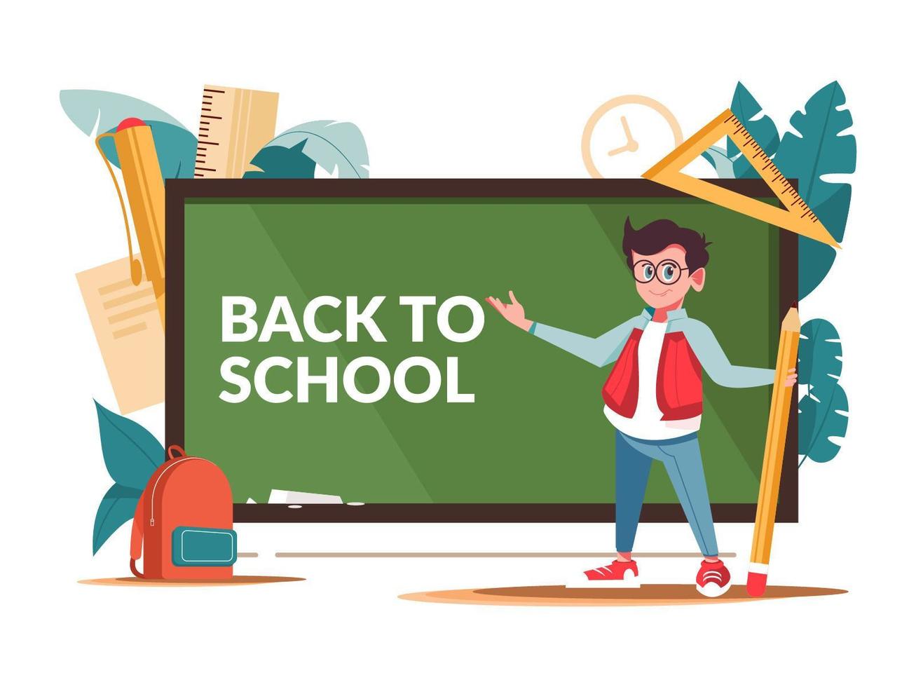 Back to School Chalkboard, Boy and Supplies vector