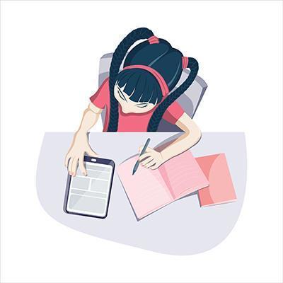 Top view of girl studying at home on tablet vector