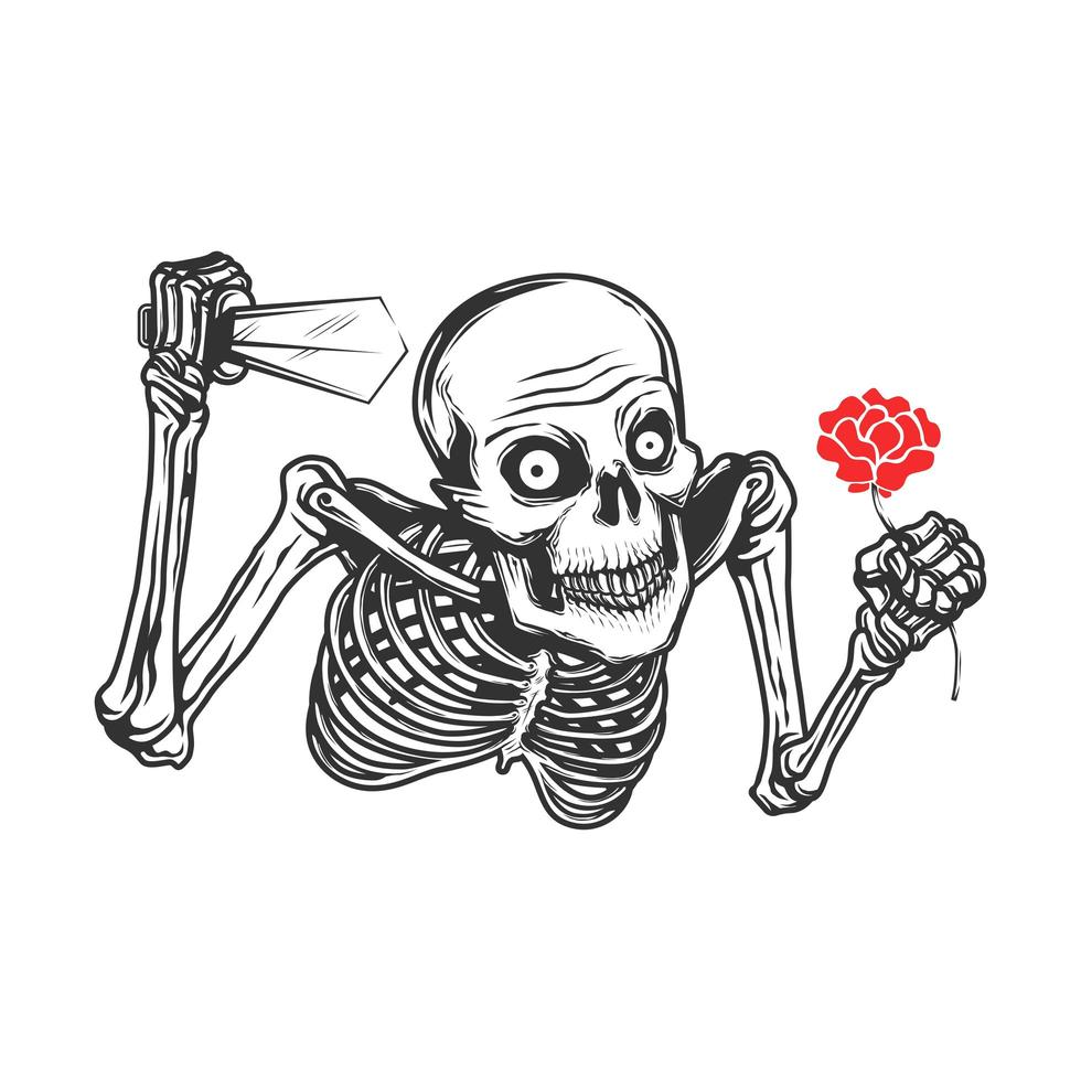 Skull with knife and red flower vector