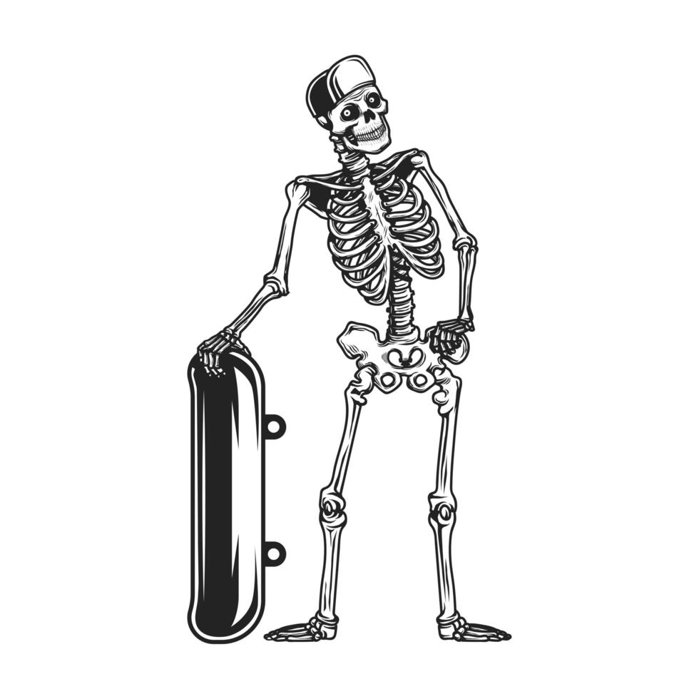 Skeleton in hat standing with skateboard vector