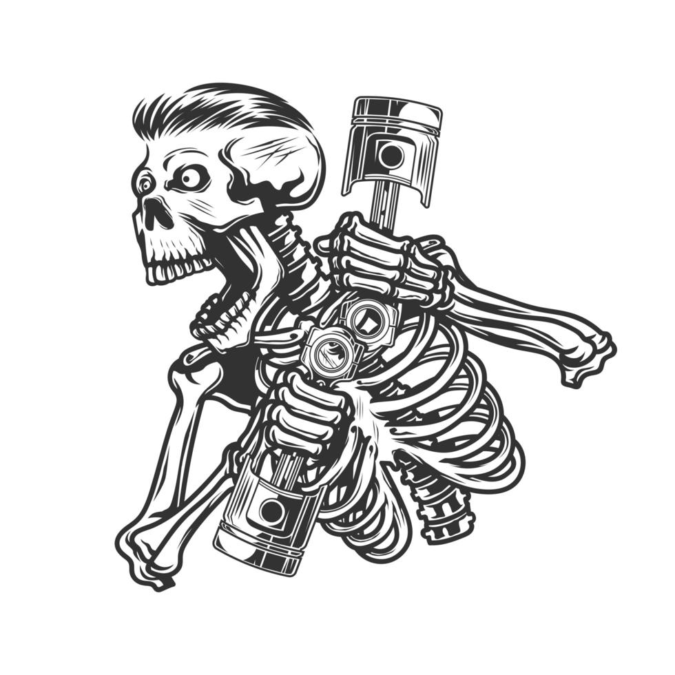 Skull roaring and holding engine pistons vector