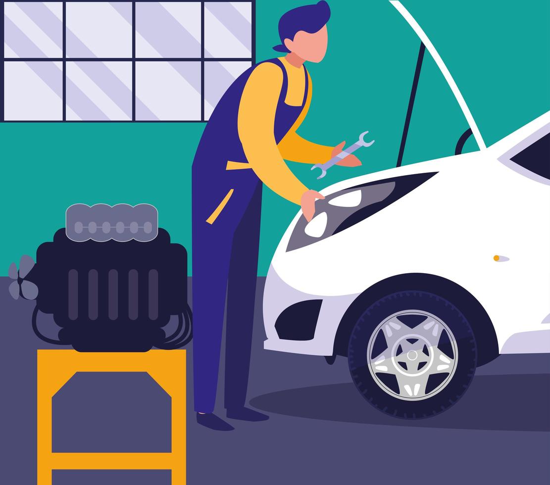 Mechanic repairing the car engine vector