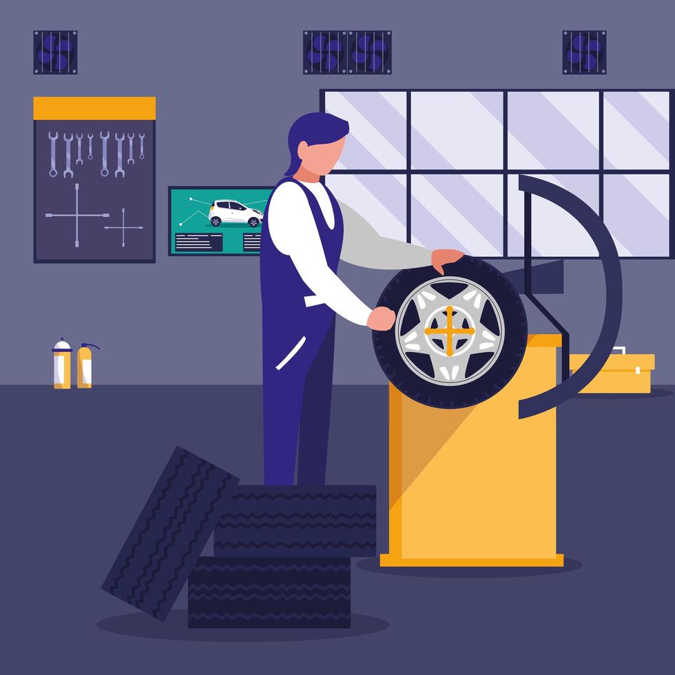 Car mechanic repairing a wheel  vector