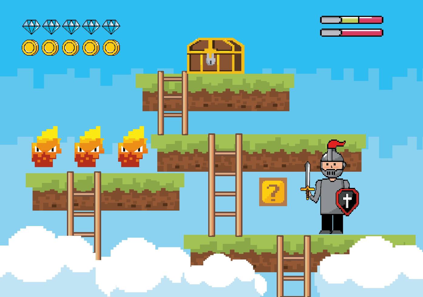 Pixel-art scene with a soldier and a fire character vector