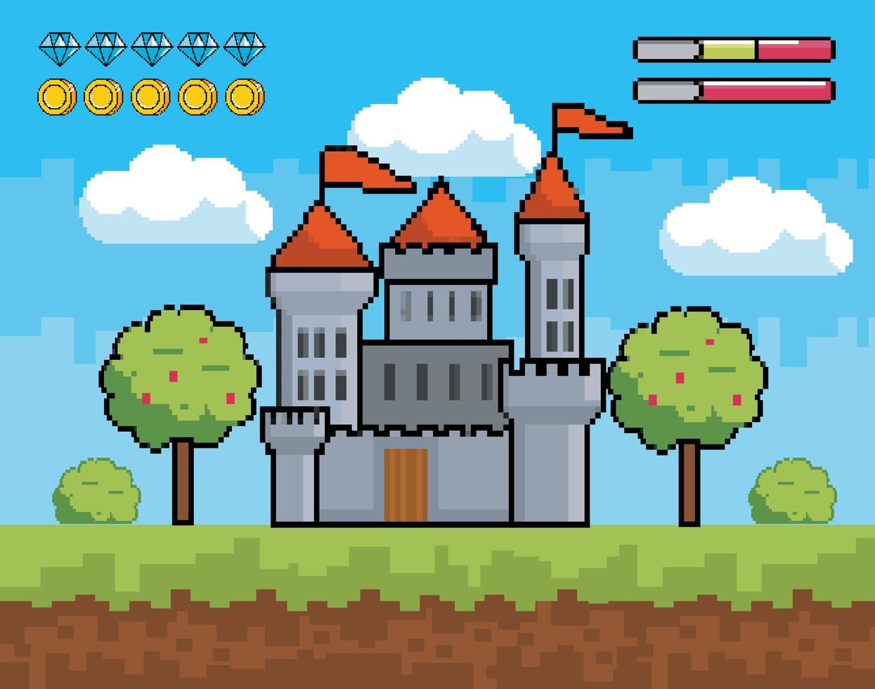 Videogame, pixel-art castle scene vector