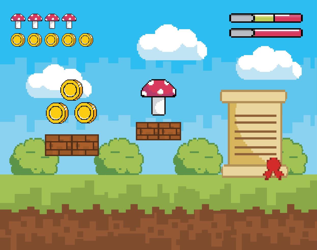 Pixel-art scene with coins and mushroom vector