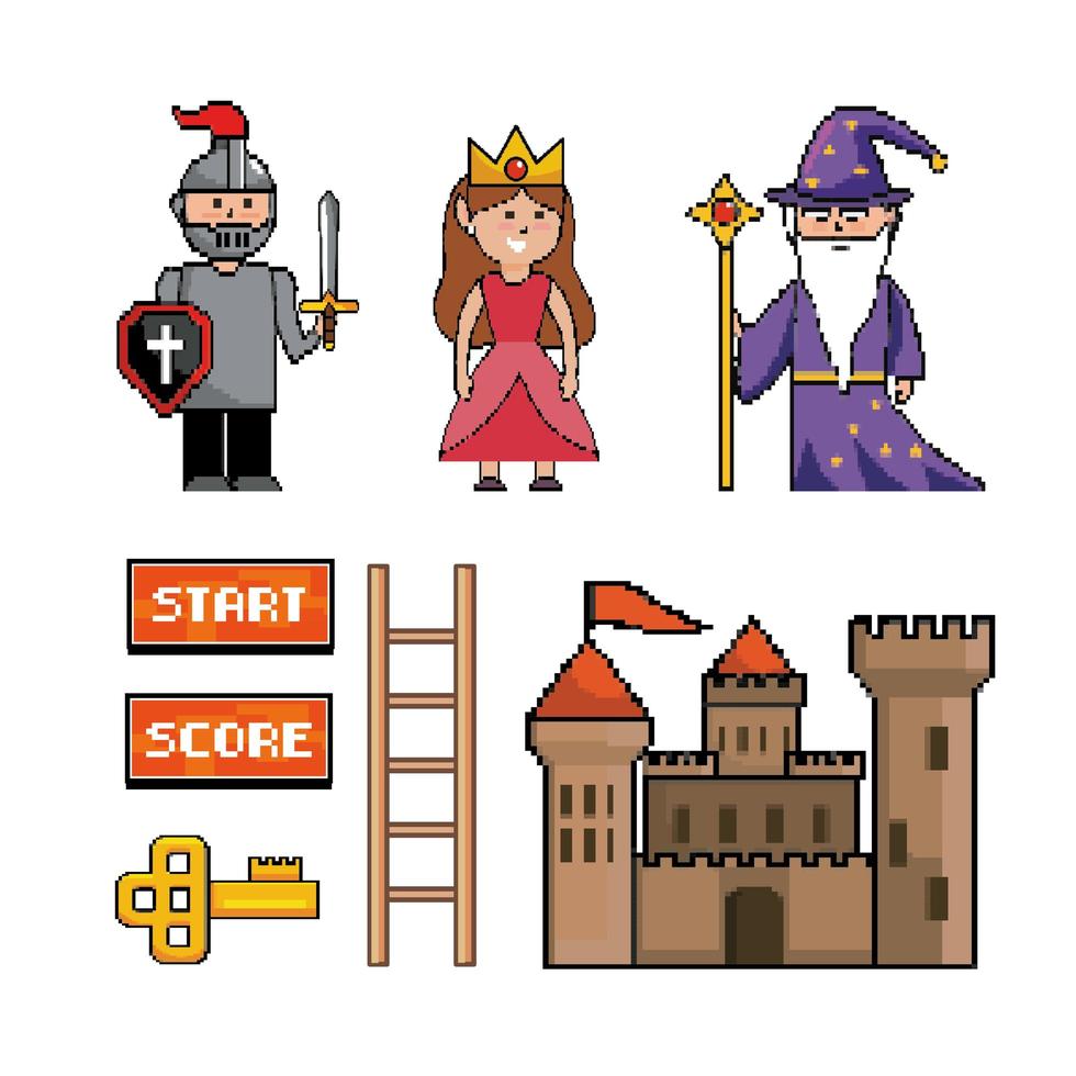 Pixel-art fantasy video game icon set vector