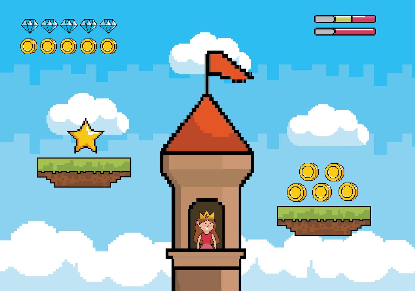 princesa pixel-art en una torre de castillo vector