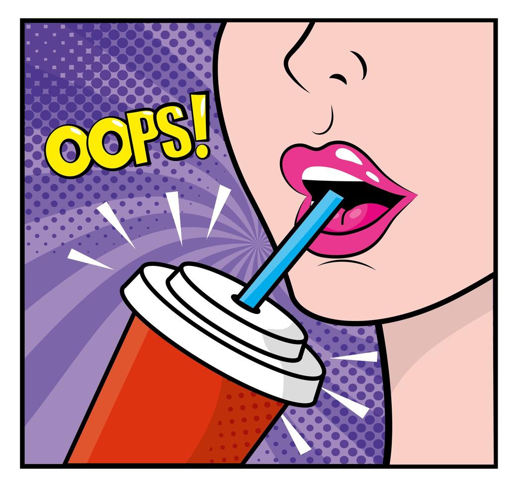 mujer bebiendo refrescos en un estilo pop-art vector