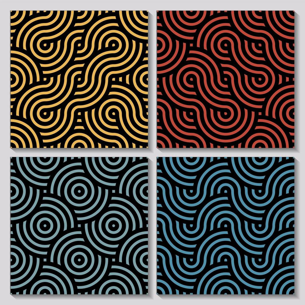 Wavy and circular lines, abstract seamless pattern set vector