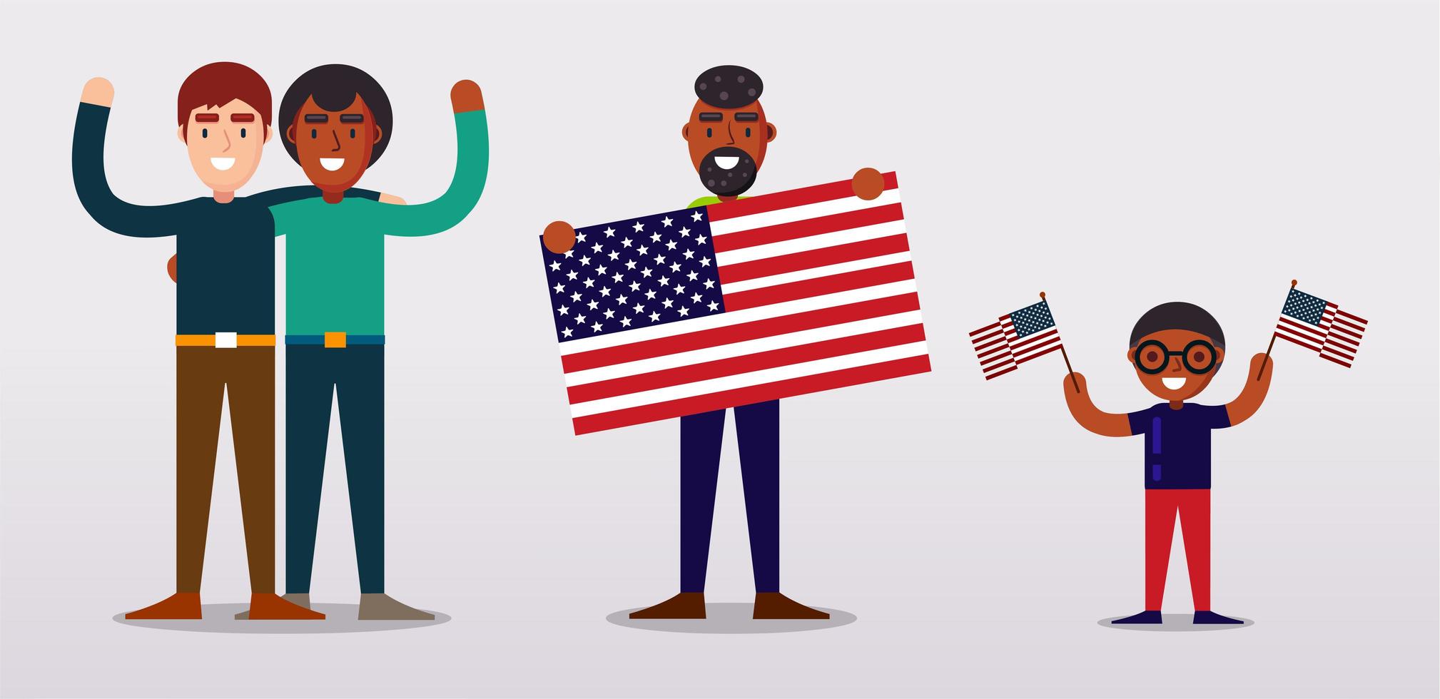 personas sosteniendo banderas de Estados Unidos, de pie uno al lado del otro vector