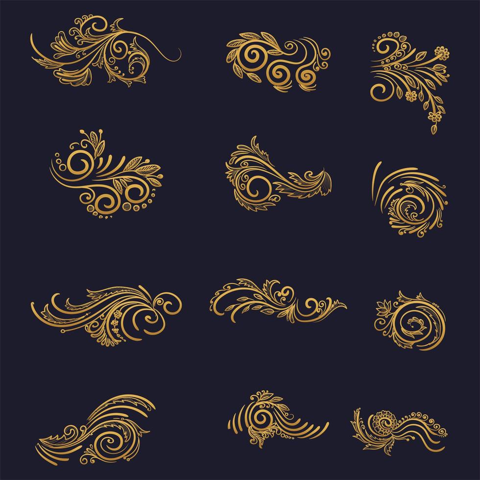 Artistic golden floral decoration set vector