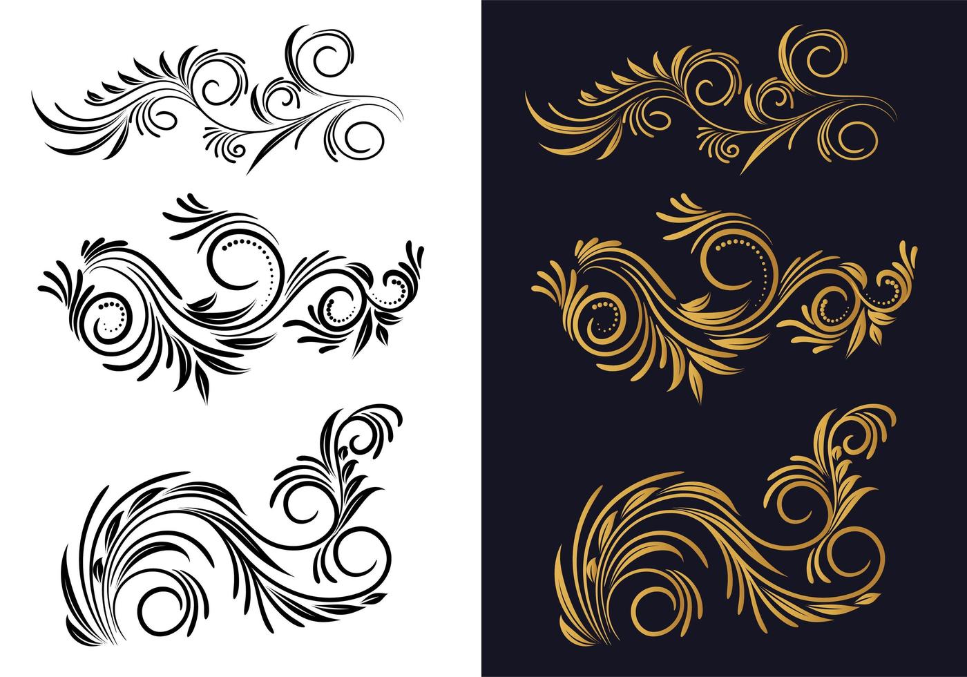 conjunto decorativo floral ornamental creativo negro y dorado vector