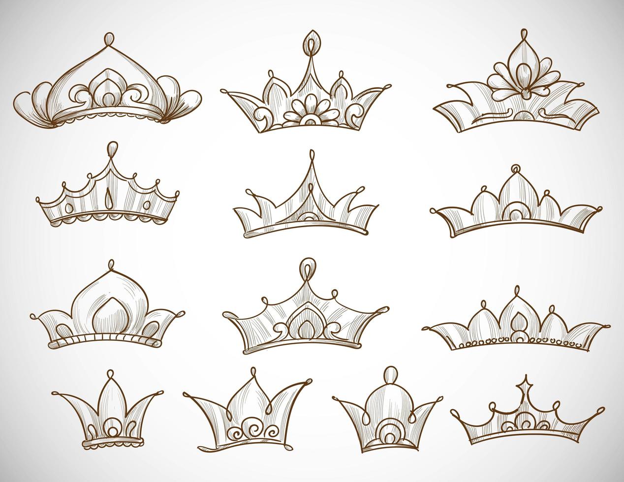 Beautiful hand drawn crowns sketch set vector