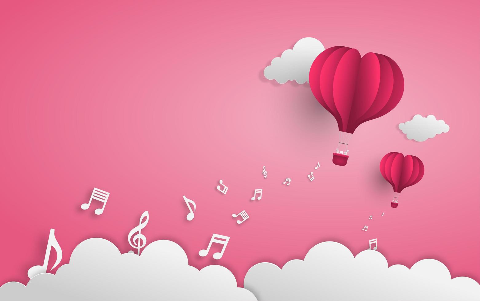 Paper art balloon flying over clouds with music notes vector