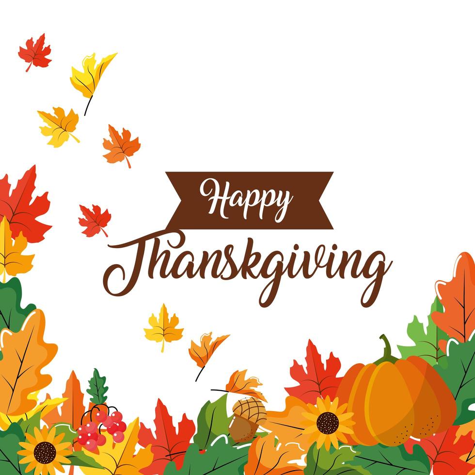Happy Thanksgiving leaves and pumpkin greeting card vector