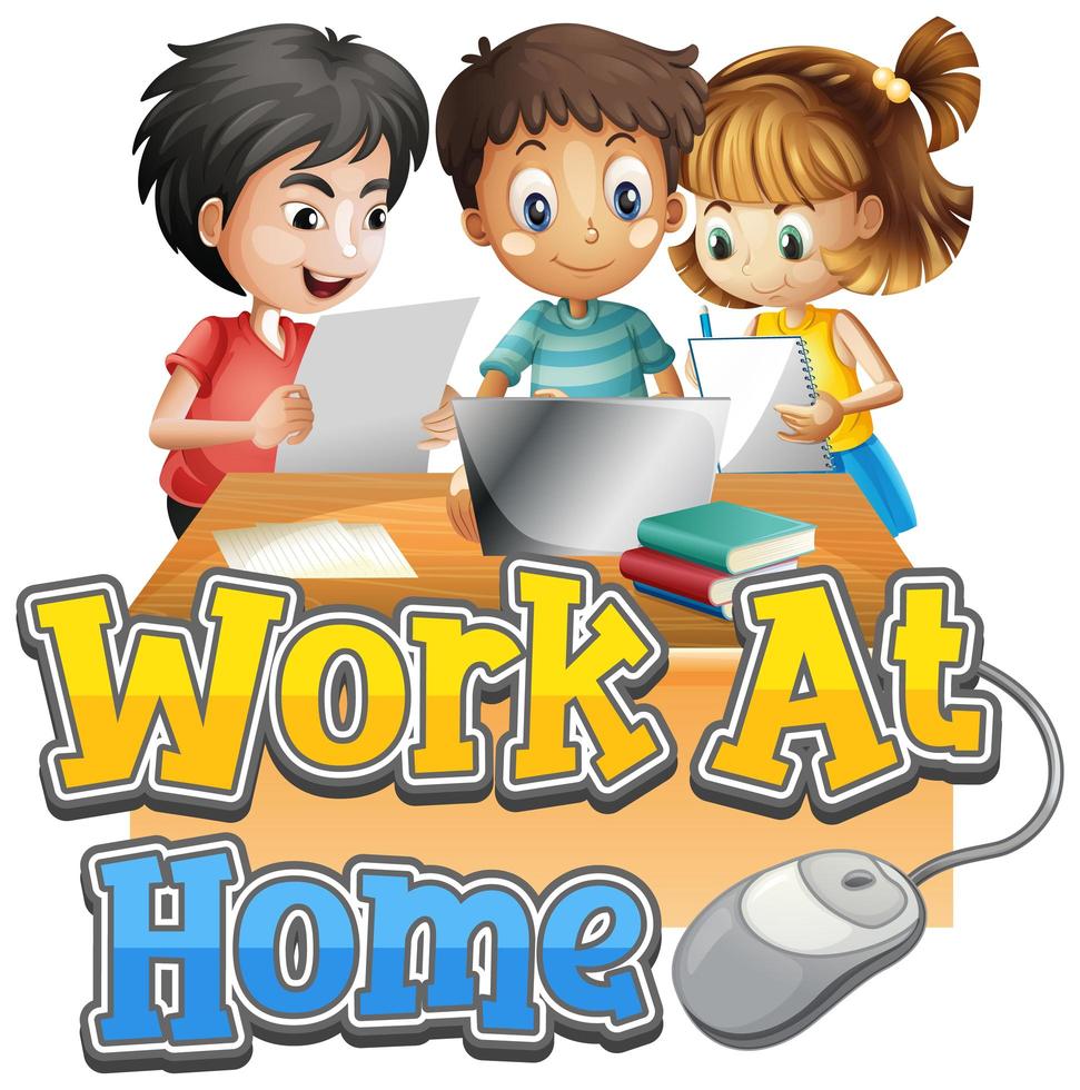 Work from home poster with three kids doing homework vector