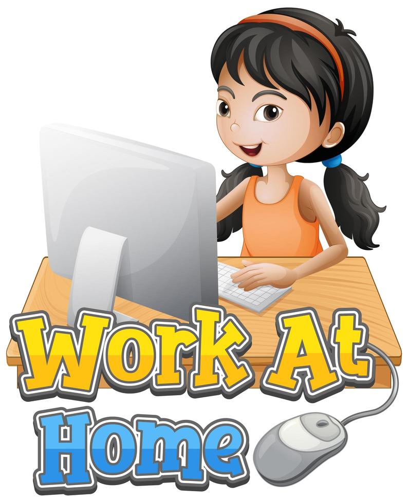 Work at home poster with girl on computer  vector