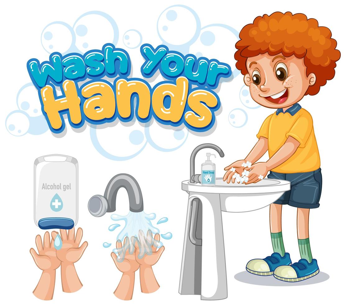 Wash your hands poster with boy washing hands vector