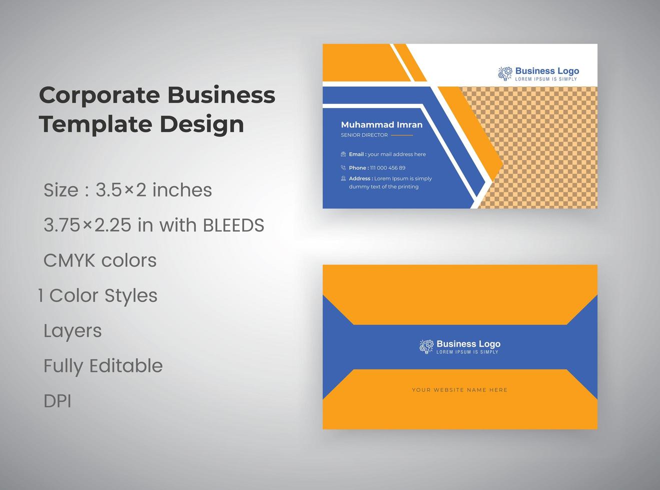 Orange and Blue Professional Corporate Business Card Template vector