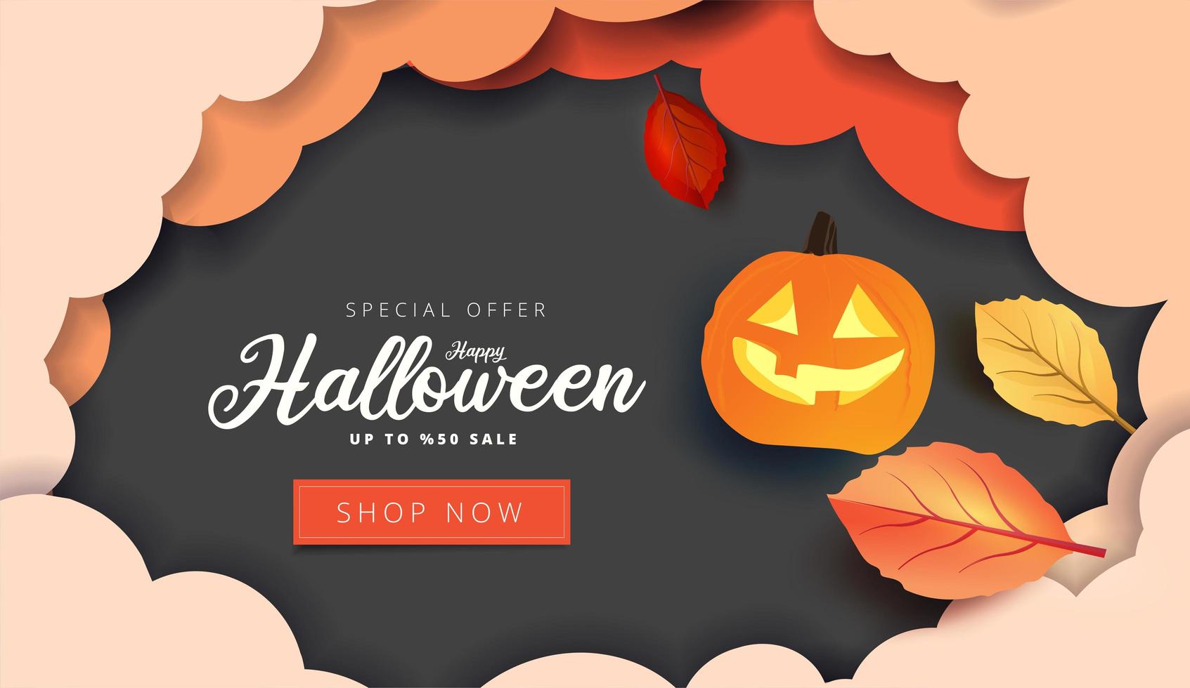 Paper art Halloween sale banner with clouds and leaves vector