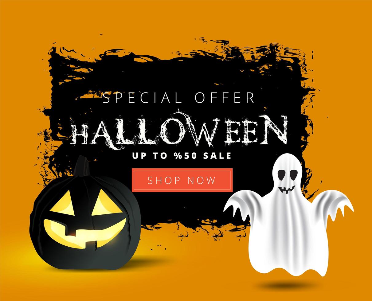 Banner de venta de halloween grunge con fantasma y calabaza vector