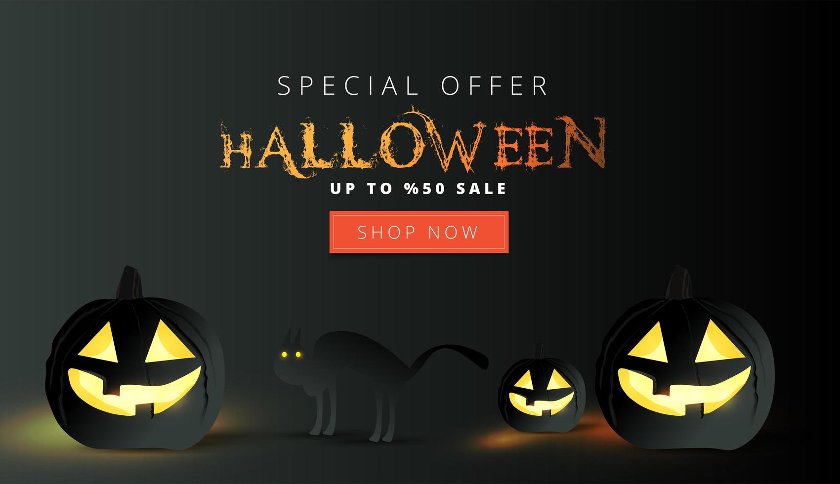 Halloween sale banner with black pumpkins and cat vector
