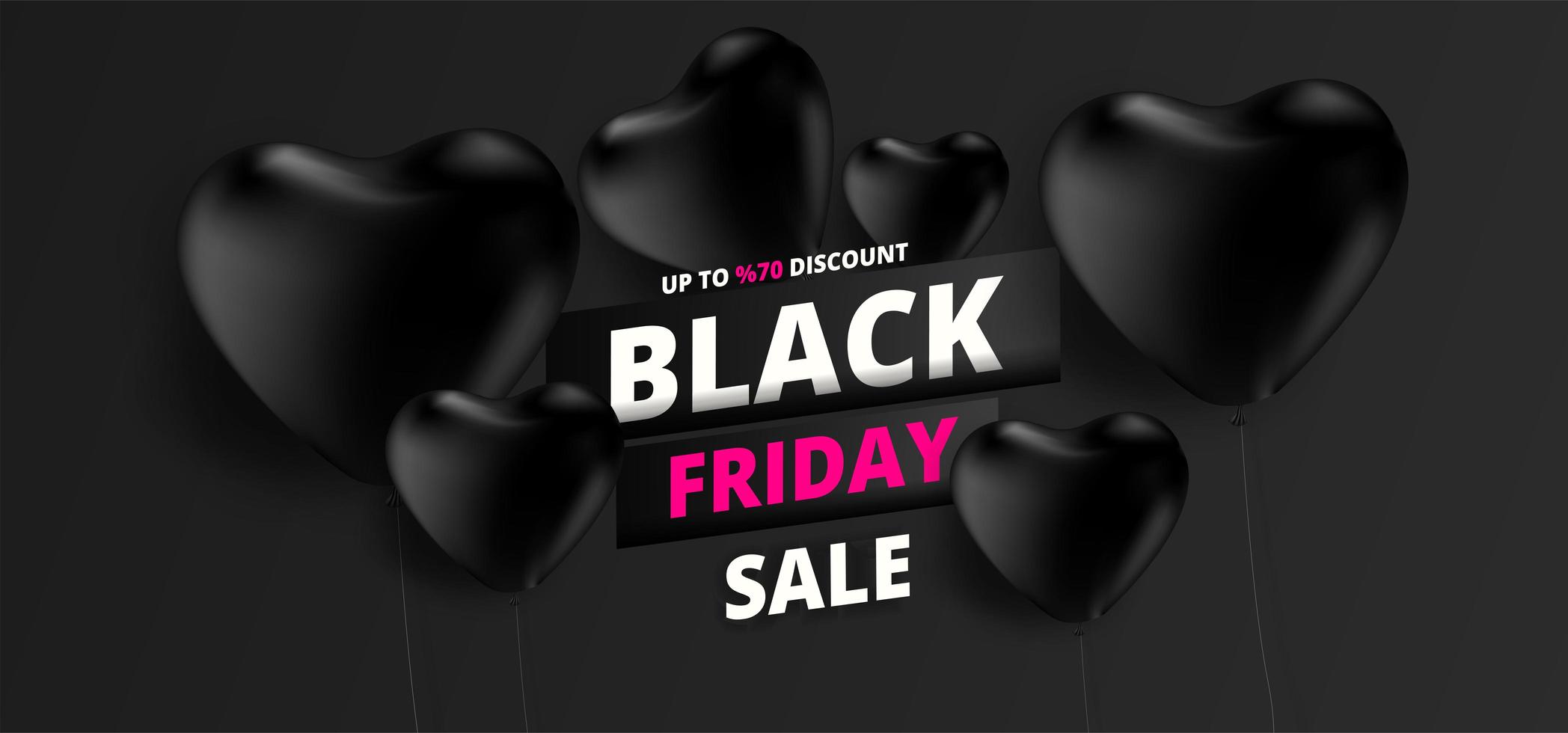 Black Friday sale banner with black heart balloons on black vector