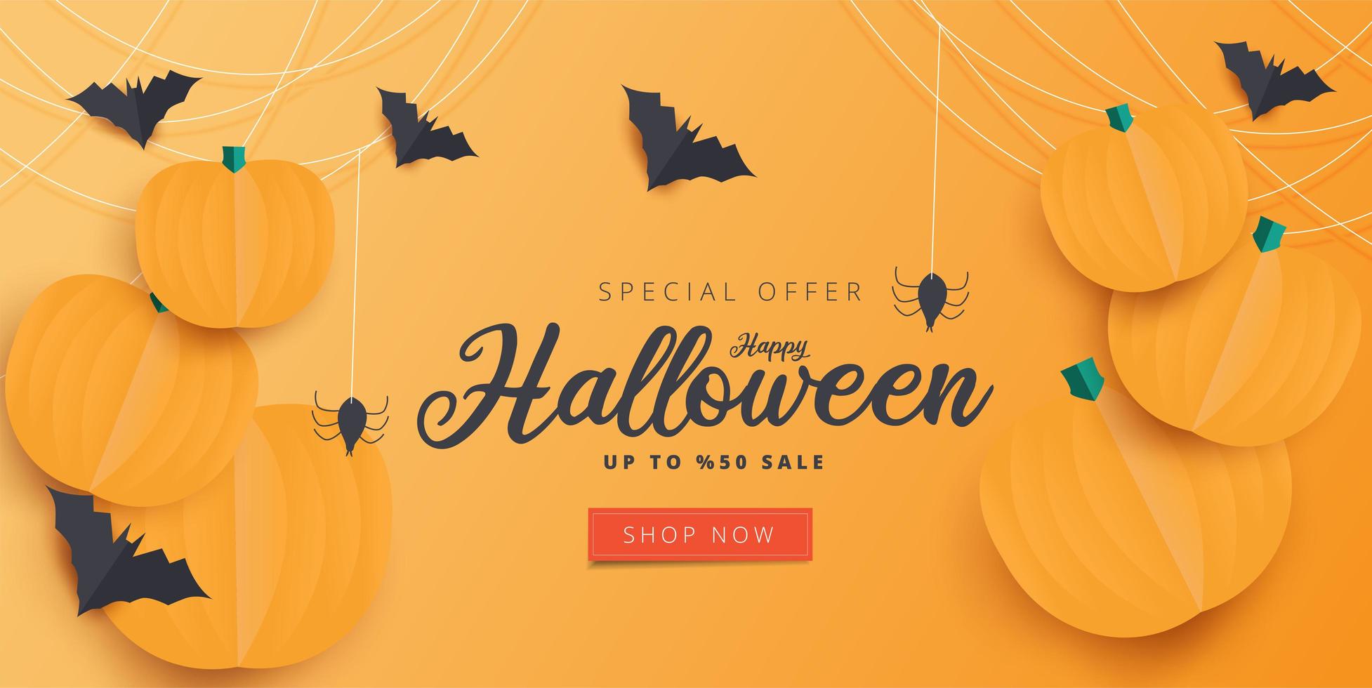 banner de venta de halloween de arte de papel con calabazas naranjas vector