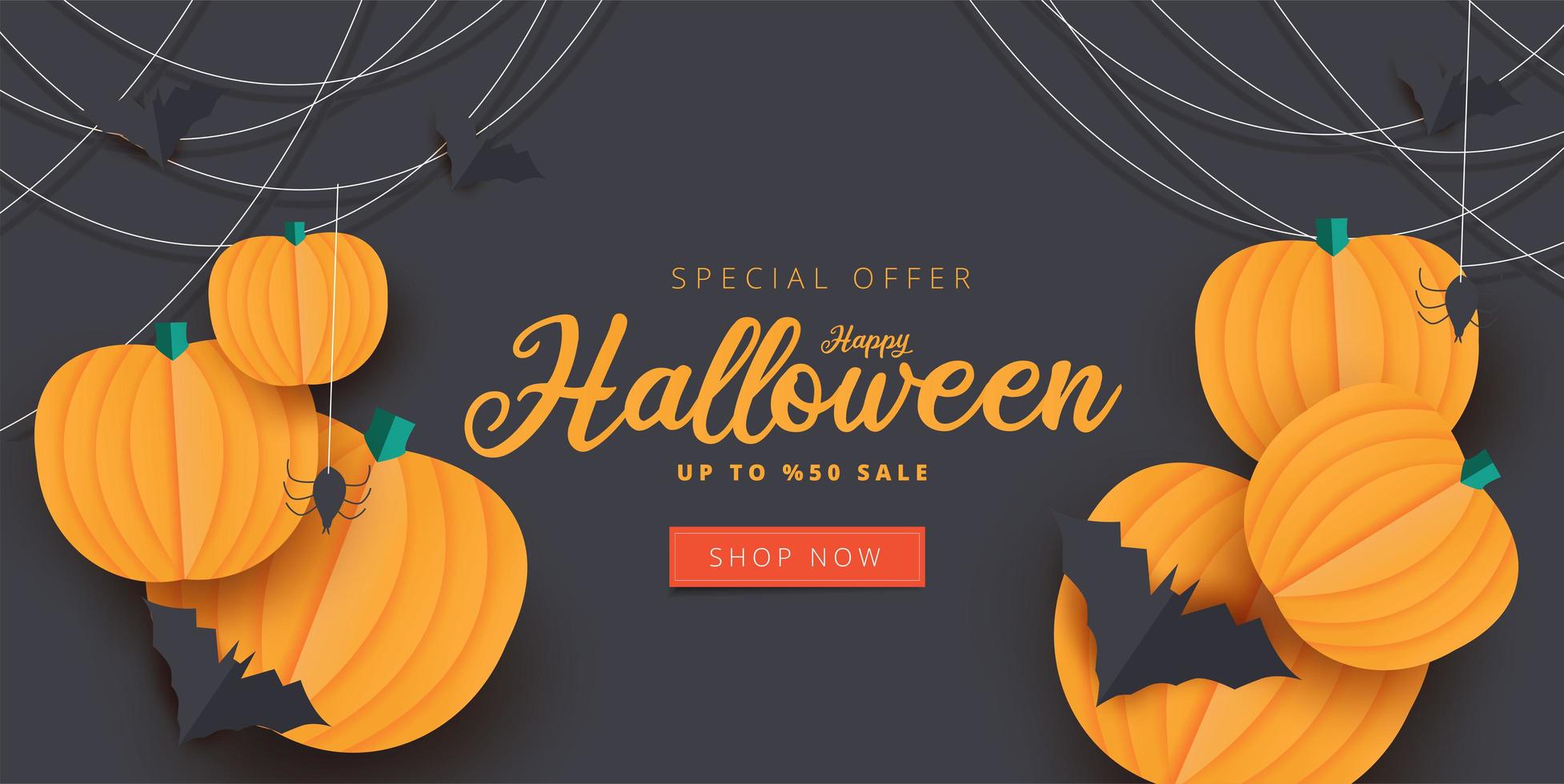 banner de venta de calabaza, murciélago y araña de halloween de arte en papel vector