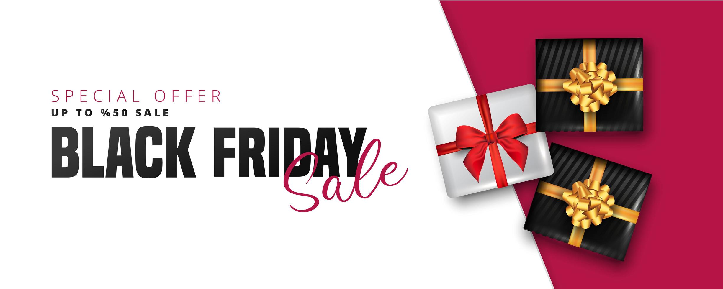 Black Friday sale banner with white and black gift boxes vector