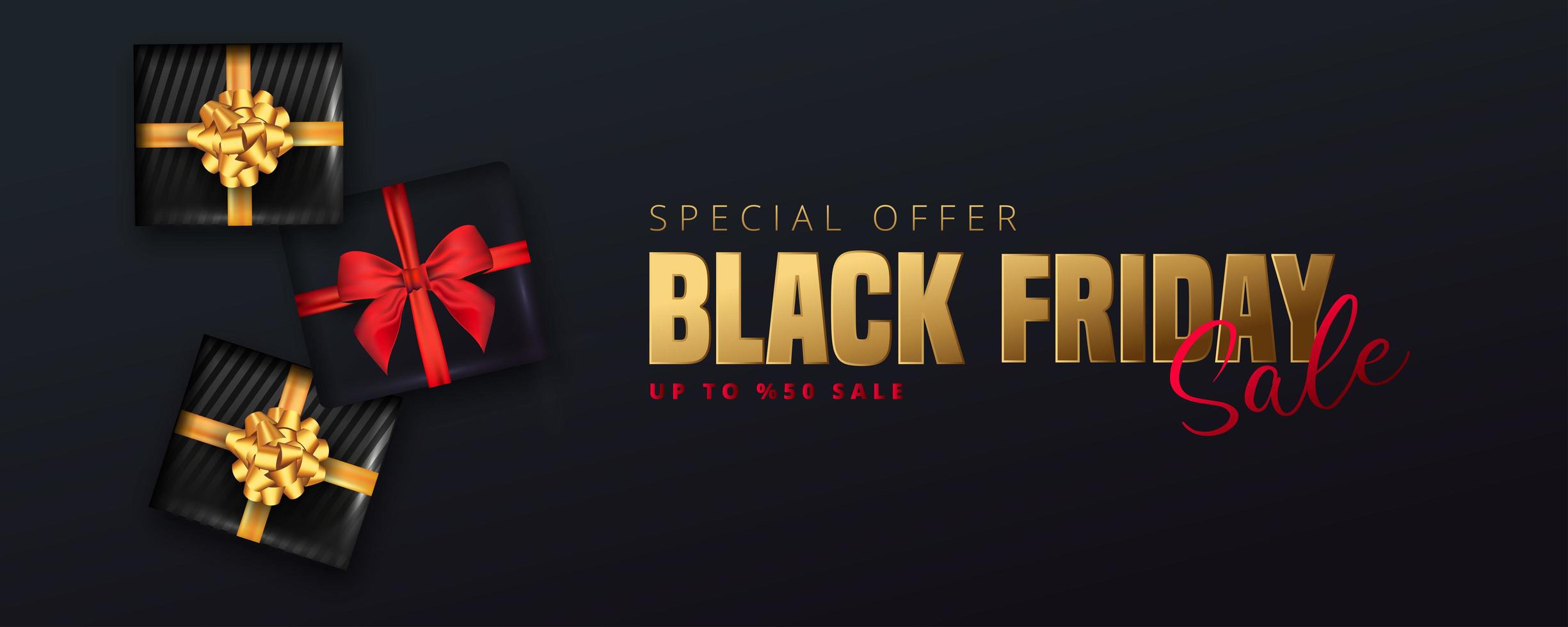 Black Friday sale banner with black gift boxes on black vector