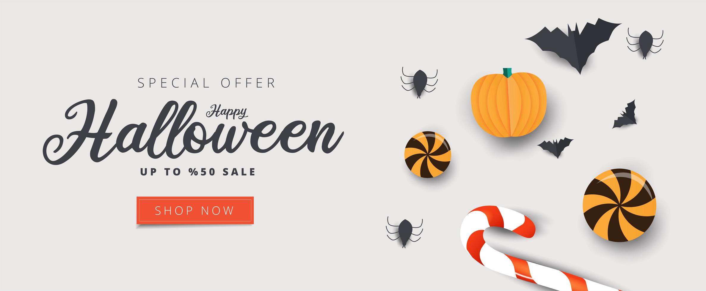 Banner de venta de feliz halloween con dulces, murciélagos y arañas vector