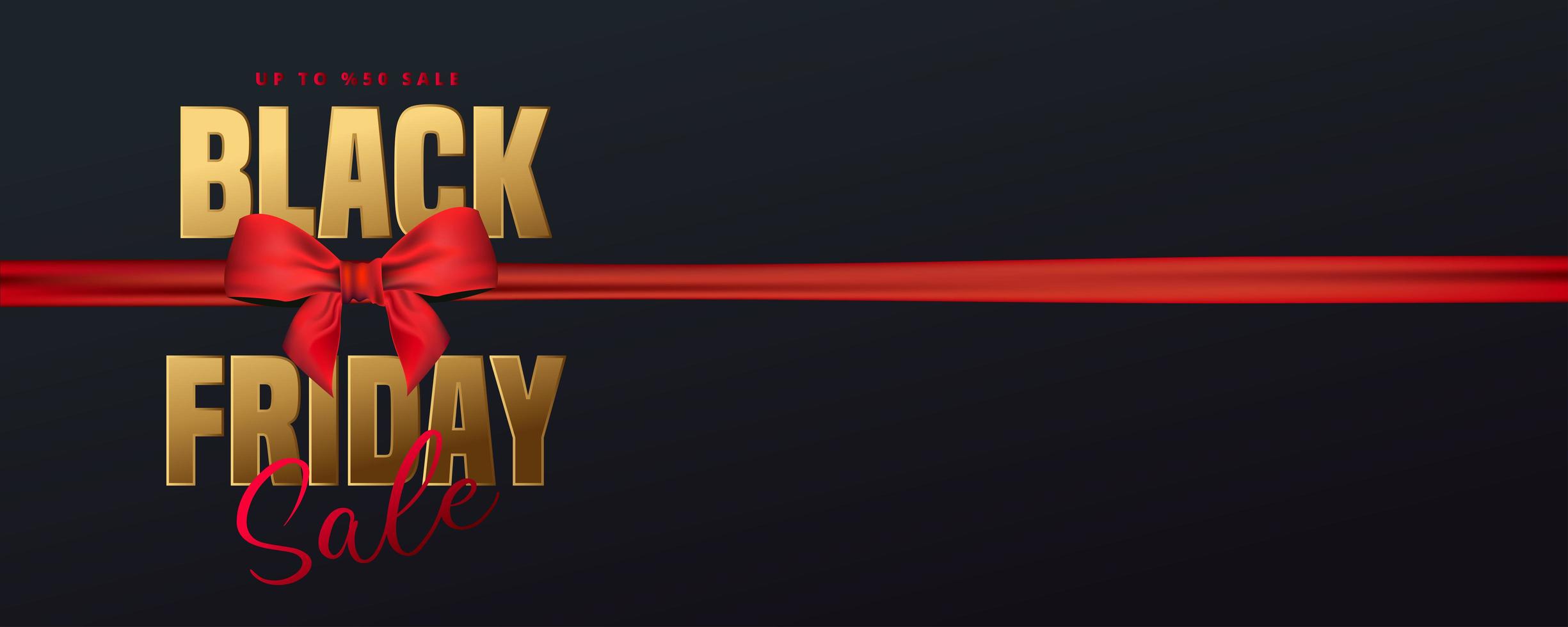 Black friday sale banner with gold text and red ribbon vector