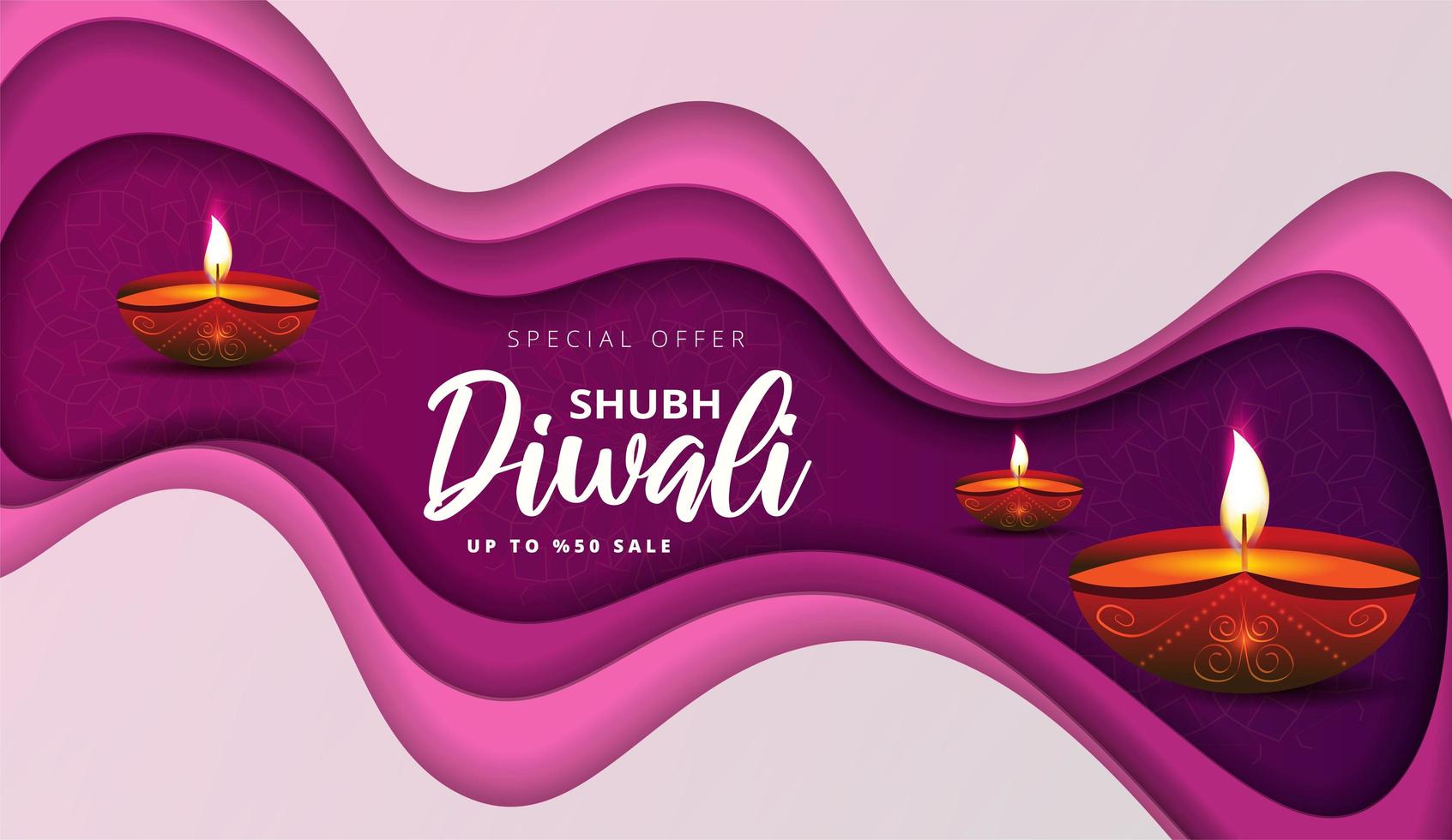 Paper Diwali sale poster with oil lamps and floral mandala vector